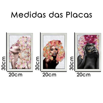 Kit 3 Quadros Decorativos 20X30 Mulheres Rosto Flores Rosas Titulo Moldura Branca
