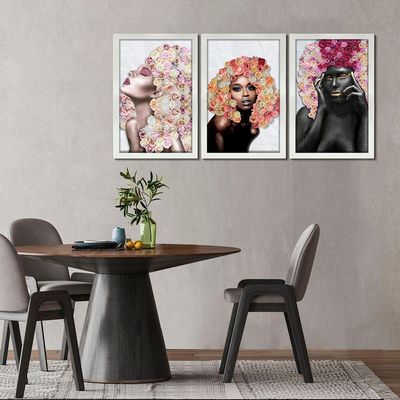 Kit 3 Quadros Decorativos 20X30 Mulheres Rosto Flores Rosas Titulo Moldura Branca