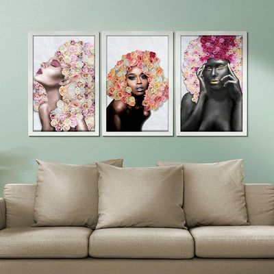 Kit 3 Quadros Decorativos 20X30 Mulheres Rosto Flores Rosas Titulo Moldura Branca