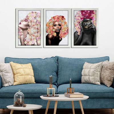 Kit 3 Quadros Decorativos 20X30 Mulheres Rosto Flores Rosas Titulo Moldura Branca