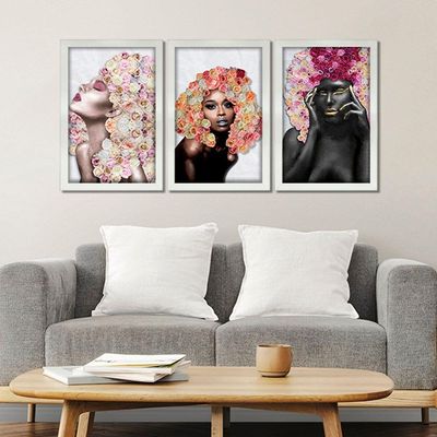 Kit 3 Quadros Decorativos 20X30 Mulheres Rosto Flores Rosas Titulo Moldura Branca