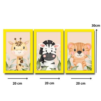Kit Quadros Infantil Safari Aquarela 20X30 3 Peças Titulo Moldura Amarela