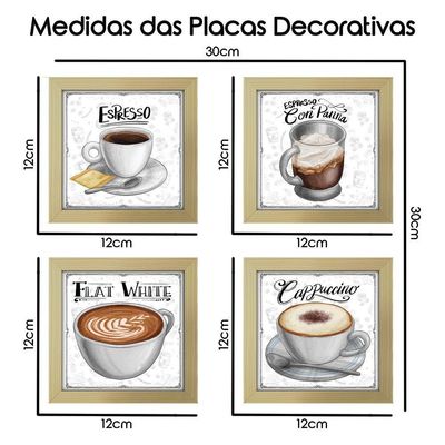 Quadro Decorativo Café Expresso Padaria Cozinha 12X12Cm 2 Titulo Moldura Marfim Listrado