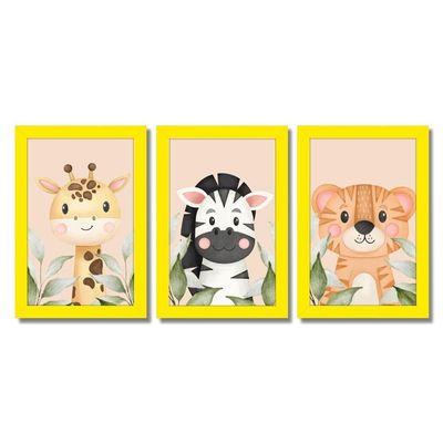 Kit Quadros Infantil Safari Aquarela 20X30 3 Peças Titulo Moldura Amarela