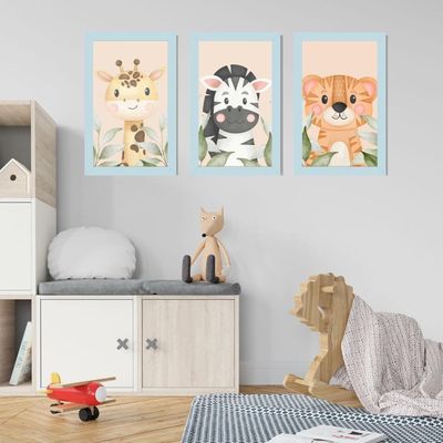 Kit Quadros Infantil Safari Aquarela 20X30 3 Peças Titulo Moldura Azul
