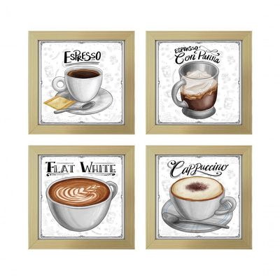 Quadro Decorativo Café Expresso Padaria Cozinha 12X12Cm 2 Titulo Moldura Marfim Listrado