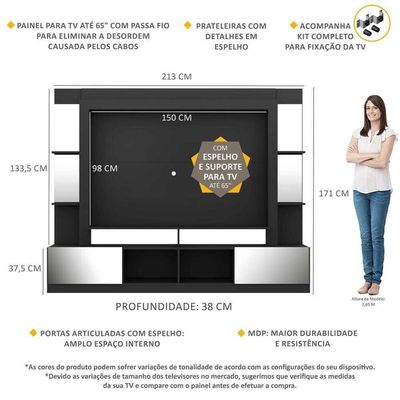 Estante Com Suporte Tv 65" E Espelho Multimóveis V3381 Preto