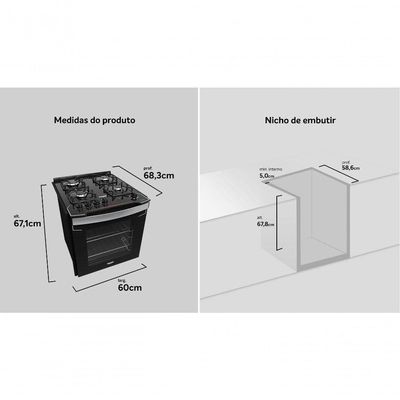 Fogão De Embutir 4 Bocas Preto Com Mesa De Vidro Dako Diplomata Bivolt