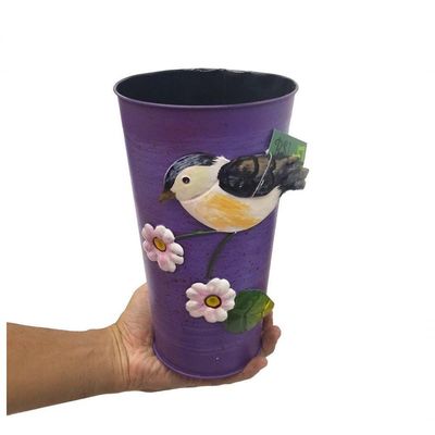 Vaso Metal Enfeite Jardim Quintal Varanda Passaro Flor Roxo