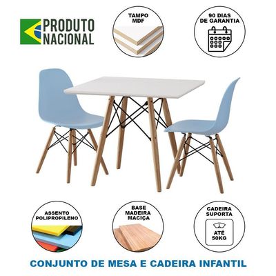 Conjunto De Mesa Infantil Madeira 68Cm Quadrado Branco 2 Cadeiras Azul