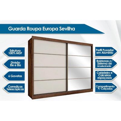 Guarda Roupa 2 Portas de Correr e 6 Gavetas c/ 1 Espelho Sevilha Peroba/Off White/Peroba - Europa