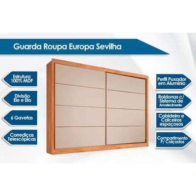 Guarda Roupas 2 Portas de Correr e 6 Gavetas Sevilha Peroba/Off White/Peroba - Europa