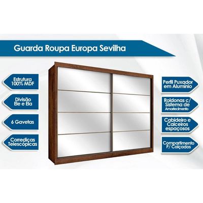 Guarda Roupa Casal Sevilha c/6 Gavetas e 2 Portas de Correr c/2 Espelhos Peroba - Europa
