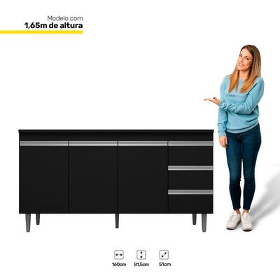 Balcão Gabinete Cozinha 160Cm Com Tampo 3 Portas Preto
