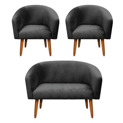 Kit 01 Namoradeira 02 Poltronas Suede Preto