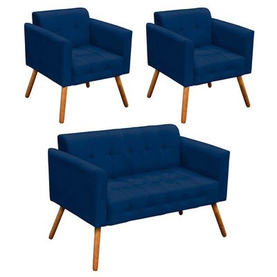 Kit 01 Namoradeira 02 Poltronas Elisa Suede Azul Marinho