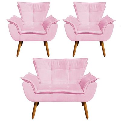 Kit 01 Namoradeira 02 Poltronas Suede Rosa Bebê