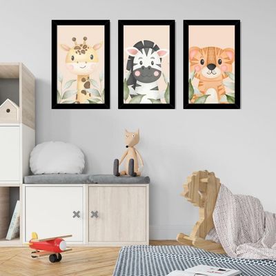 Kit Quadros Infantil Safari Aquarela 20X30 3 Peças Titulo Moldura Preta