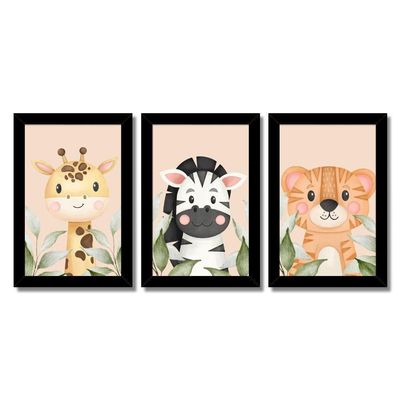 Kit Quadros Infantil Safari Aquarela 20X30 3 Peças Titulo Moldura Preta