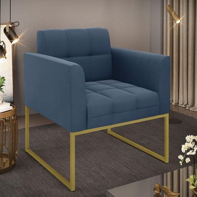 Poltrona Elisa Suede Azul Marinho Base Metálica Industrial Dourada - D'rossi