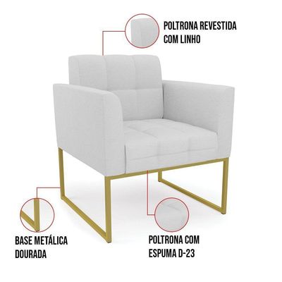 Poltrona Elisa Linho Cinza A05 Base Metálica Industrial Dourada - D'rossi