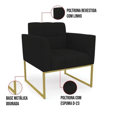 Poltrona Elisa Linho Base Metálica Industrial Dourada - D'rossi Cor A79 Preto