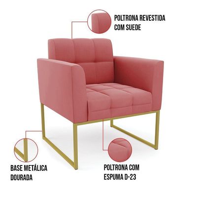 Poltrona Elisa Suede Rosê Base Metálica Industrial Dourada - D'rossi