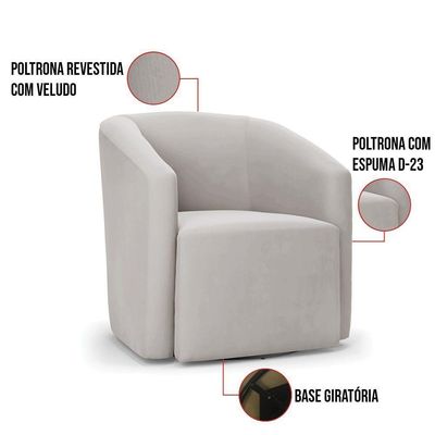 Poltrona Stella Max Veludo Base Giratória - D'rossi Cor Cinza
