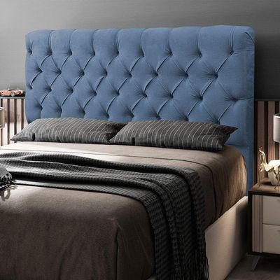 Cabeceira Cama Box Casal King Size Lylla 195cm Capitonê Com Frame Linho Azul - Desk Design