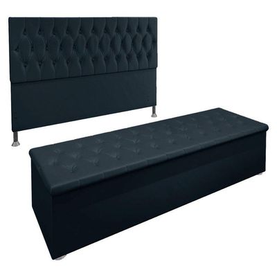 Kit Cabeceira E Calçadeira Baú Queen 1,60m Madrid Suede - Pallazio Cor Azul Marinho