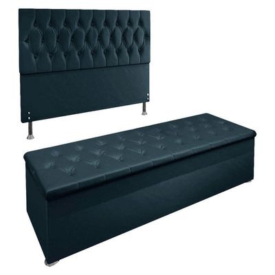 Kit Cabeceira E Calçadeira Baú Casal 1,40m Madrid Suede - Pallazio Cor Azul Marinho
