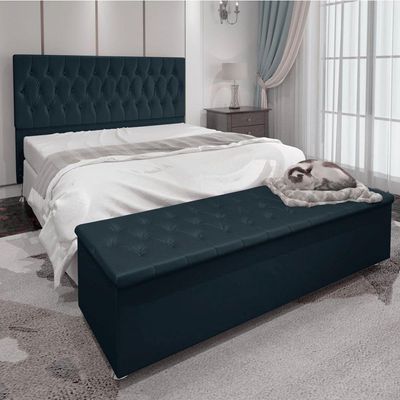 Kit Cabeceira E Calçadeira Baú Queen 1,60m Madrid Suede Azul Marinho - Pallazio
