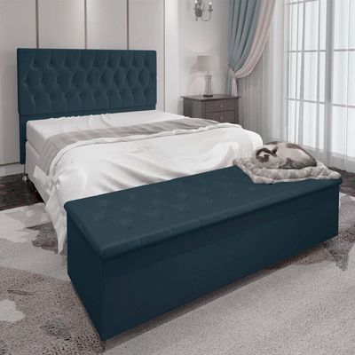 Kit Cabeceira E Calçadeira Baú Casal 1,40m Madrid Suede - Pallazio Cor Azul Marinho