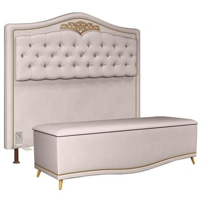 Cabeceira Cama Box Casal Queen 160Cm Com Calçadeira Baú Imperial Veludo J02 Bege