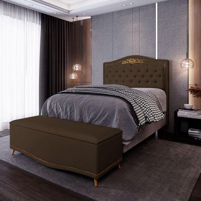 Cabeceira Cama Box Casal 140Cm Com Calçadeira Baú Imperial Veludo J02 Chocolate
