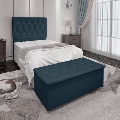 Kit Cabeceira E Calçadeira Baú Solteiro 0,90m Madrid Suede - Pallazio Cor Azul Marinho