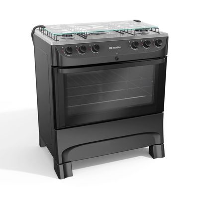 Fogão Mueller 5 Bocas Preto Fosco Com Mesa De Inox E Acendimento Mfi5bb Preto Fosco