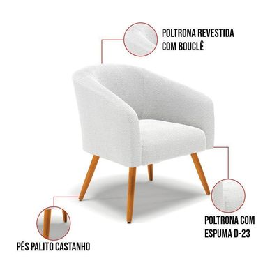 Poltrona Stella Bouclê Off White Pés Palito Castanho - D'rossi