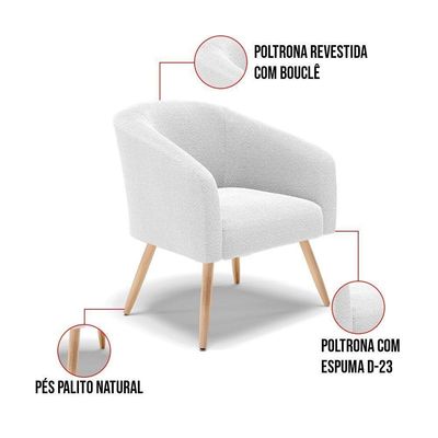 Poltrona Stella Bouclê Pés Palito Natural - D'rossi Cor Off White