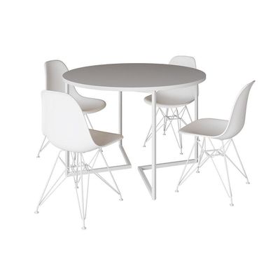Mesa Industrial Jantar Redonda Branca 110Cm Base V Com 4 Cadeiras Eames Brancas Ferro Branco Branco