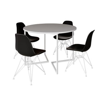 Mesa Industrial Jantar Redonda Branca 110Cm Base V Com 4 Cadeiras Eames Pretas Ferro Branco Branco