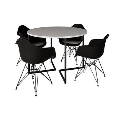 Mesa Industrial Jantar Redonda 110Cm Branca Base V Com 4 Poltronas Pretas Ferro Preto Branco