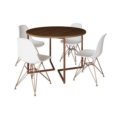 Mesa Industrial Jantar Redonda Amêndoa 110Cm Base V Com 4 Cadeiras Eames Brancas Base Cobre Amendoa