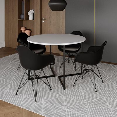 Mesa Industrial Jantar Redonda 110Cm Branca Base V Com 4 Poltronas Pretas Ferro Preto Branco
