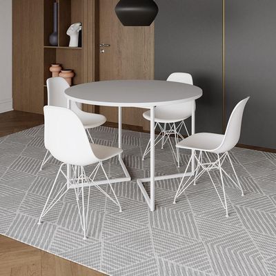 Mesa Industrial Jantar Redonda Branca 110Cm Base V Com 4 Cadeiras Eames Brancas Ferro Branco Branco