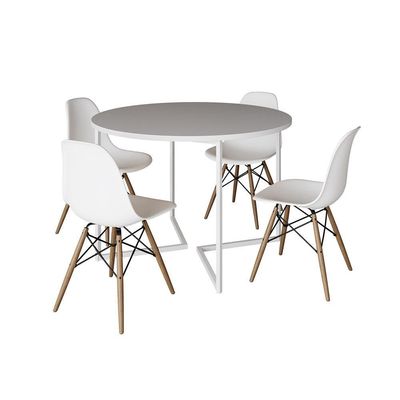 Mesa Jantar Industrial Redonda 110Cm Branca Base V Ferro Branco C/4 Cadeiras Branca Base Mad Branco