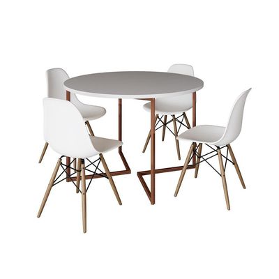 Mesa Jantar Industrial Redonda 110Cm Branca Base V Cobre C/4 Cadeiras Branca Base Madeira Branco