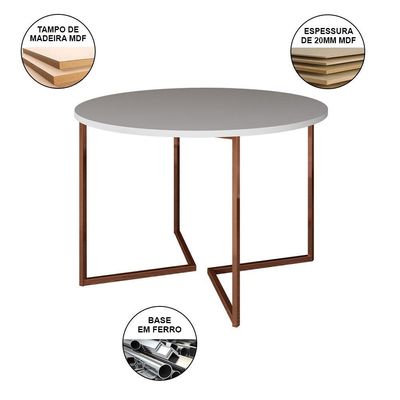 Mesa Jantar Industrial Redonda 110Cm Branca Base V Cobre C/4 Cadeiras Branca Base Madeira Branco