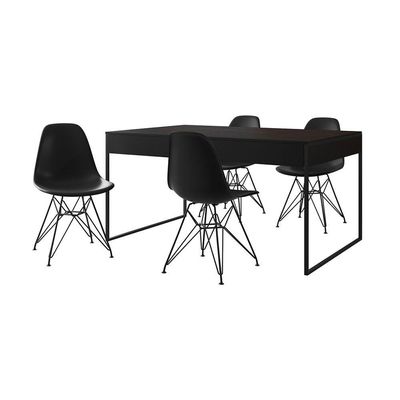 Mesa Jantar Industrial Retangular 137X90Cm Preta Com 4 Cadeiras Pretas Base Ferro P Cor: Preto