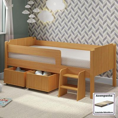 Cama Solteiro Quarto Bella Com 2 Baús Escada E Colchão Nature Nature